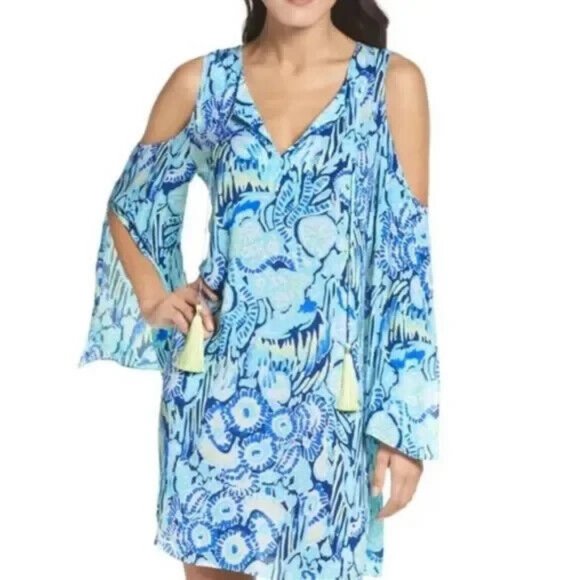 Lilly Pulitzer Benicia Dress XXS‎ Blue Tunic Cold Shoulder Slit Sleeve Tassel - Picture 1 of 16